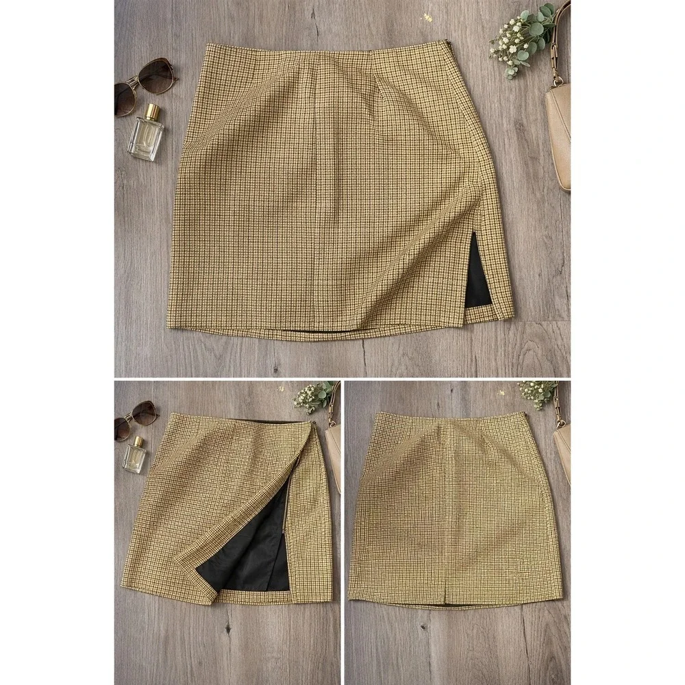 NWT Lulus Houndstooth Mini Skirt Skort Preppy Academia Tweed Tan Black Size M